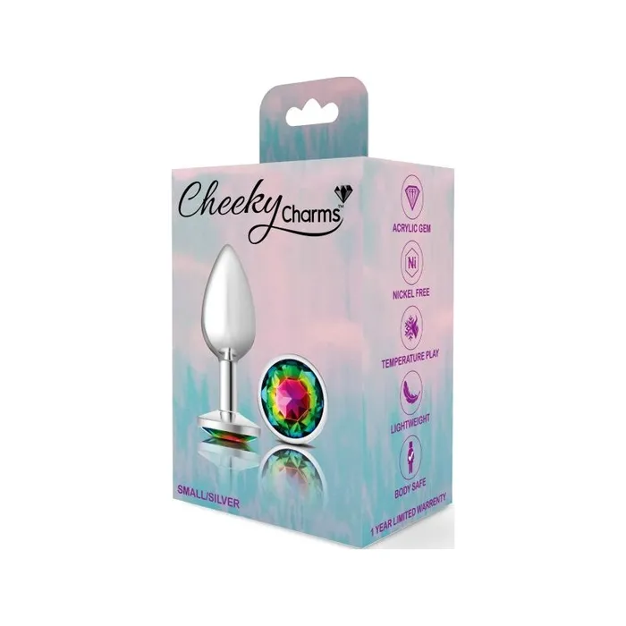 Cheeky Charms Anal | Cheeky Charms Silver Round Butt Plug w Rainbow Jewel Small